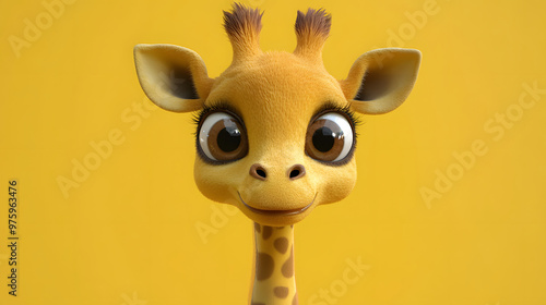 3D render of a baby giraffe with large, expressive eyes, perfect for zoo posters or children's event banners.