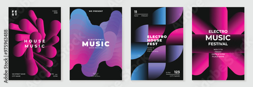 Music poster design background vector set. Electro Sound Cover template with vibrant abstract gradient geometric shape. Ideal design for social media, flyer, party, music festival, club.