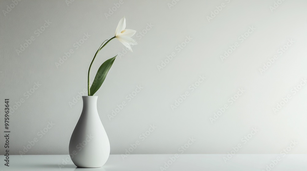 A stylish, minimalist vase with a single stem of orchid or tulip, placed on a white surface to highlight the simplicity and elegance of the design. A stylish, minimalist vase with a single stem of orchid or tulip, placed on a white surface to highlight the simplicity and elegance of the design.