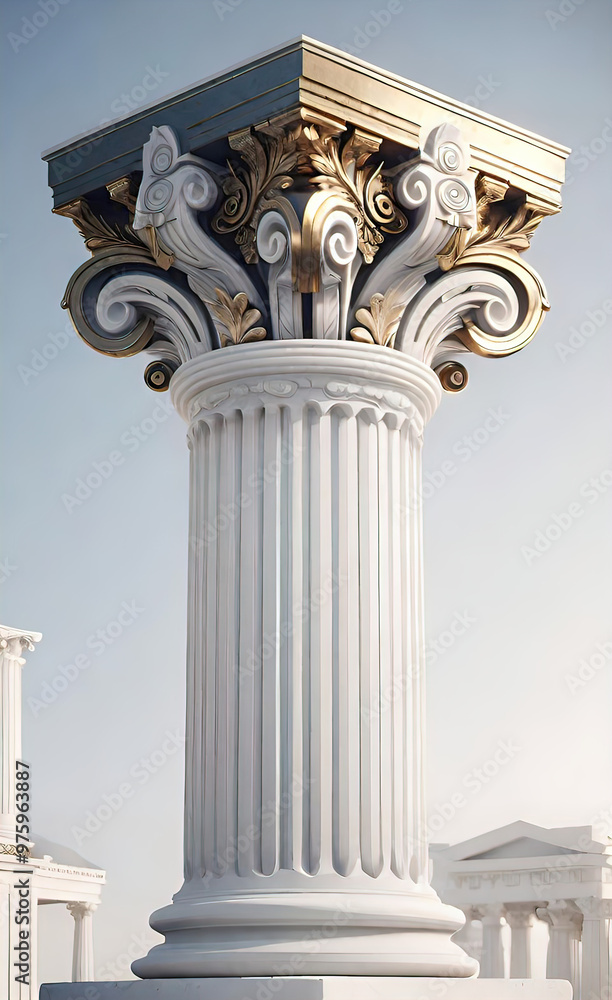 Naklejka premium white greek column on a white background, richly decorated capital with an ornament