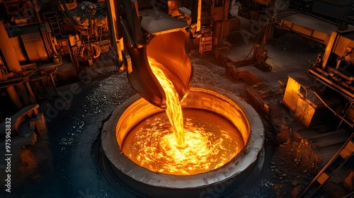 Molten metal being poured into a crucible in a factory setting.