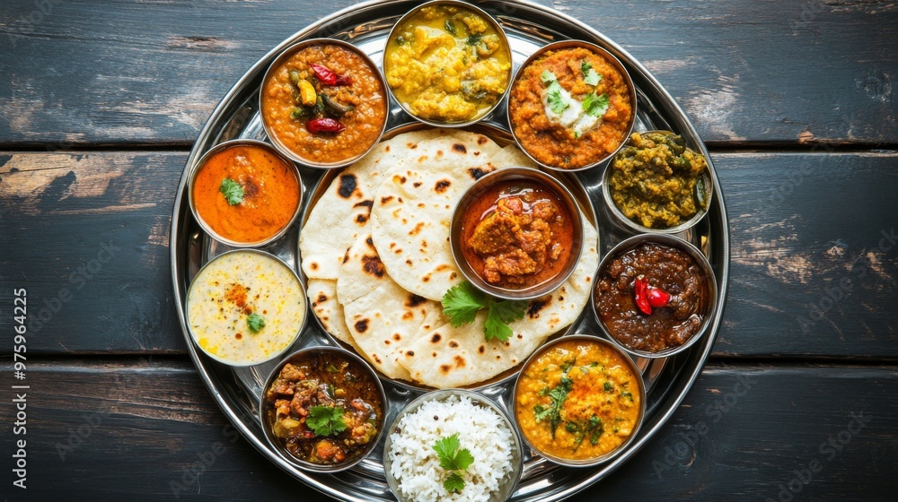 A traditional Indian thali with an assortment of curries, dal, roti, and pickles, beautifully arranged on a silver platter, showing the variety and richness of Indian cuisine. A traditional Indian thali with an assortment of curries, dal, roti, and pickles, beautifully arranged on a silver platter, showing the variety and richness of Indian cuisine.