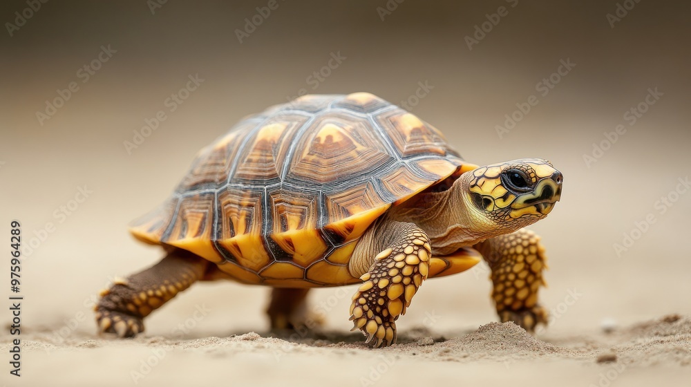 A close-up of a turtle slowly walking on sandy terrain, showing its shell patterns, isolated on a natural background A close-up of a turtle slowly walking on sandy terrain, showing its shell patterns, isolated on a natural background