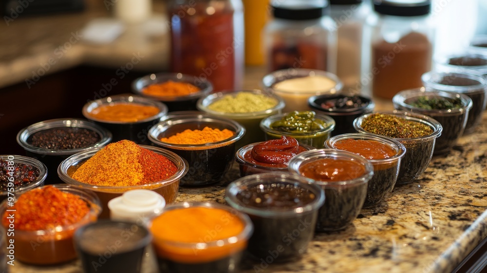 A variety of chili-based condiments--sauces, pastes, and powders--arranged beautifully on a kitchen counter, showcasing the range of spicy flavors available. A variety of chili-based condiments--sauces, pastes, and powders--arranged beautifully on a kitchen counter, showcasing the range of spicy flavors available.