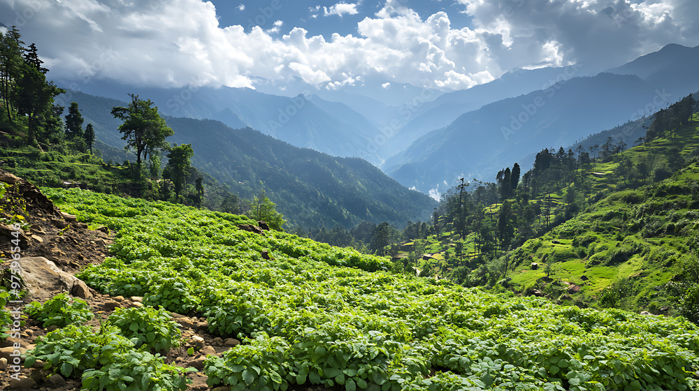 Fototapeta premium A lush Himalayan landscape with a variety of medicinal plants growing naturally among rocky terrain