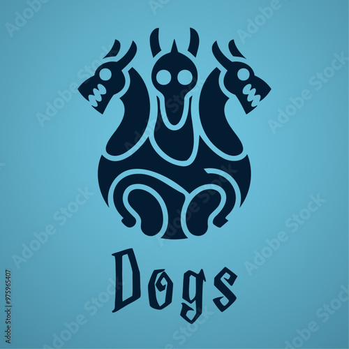 A vector illustration and logo of three interconnected dogs (Cerberus) with a spooky, design, sharing a linked body. Perfect for horror-themed, creepy graphics, and unsettling designs, Halloween too.