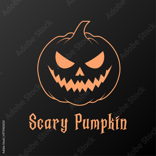 A vector illustration and logo of a scary orange Halloween pumpkin (jack o lantern) with sharp teeth and an eerie, menacing look. Perfect for spooky designs, holiday-themed visuals and in Halloween. photo