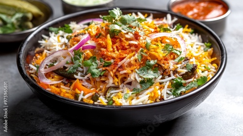 A vibrant bowl of vegetable biryani, garnished with fresh herbs and crispy fried onions, served with a side of raita and pickles. The colorful spices add a festive touch.