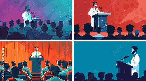 Research mentor presentation cartoon vector scenes. White lab jacket man doctor scientist individual microphones stage spectators back view heads participants symposium medical conference summit
