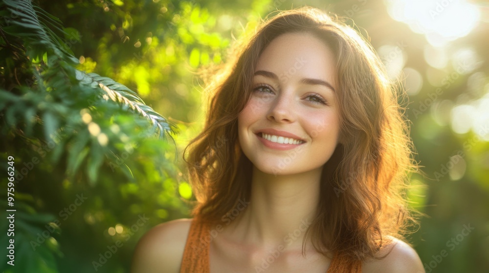 A vibrant outdoor portrait of a woman with a radiant smile, surrounded by greenery, capturing her joyful and approachable personality. A vibrant outdoor portrait of a woman with a radiant smile, surrounded by greenery, capturing her joyful and approachable personality.