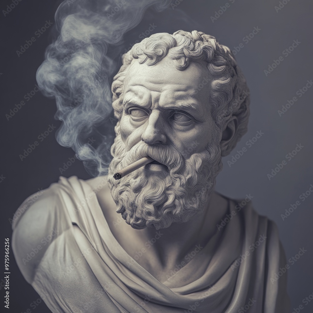 This image captures a stunning marble bust of a philosopher. The figure smokes a cigarette, giving it a modern twist. The detailed craftsmanship highlights wisdom and creativity. AI This image captures a stunning marble bust of a philosopher. The figure smokes a cigarette, giving it a modern twist. The detailed craftsmanship highlights wisdom and creativity. AI