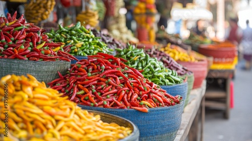 A vibrant market stall overflowing with different types of chili peppers, from mild to fiery hot, attracting food lovers with its colorful display of spices.