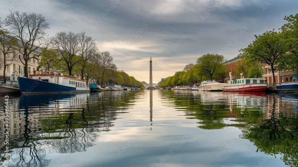Scenic Canal View with Boats and Tower at Sunset Scenic Canal View with Boats and Tower at Sunset
