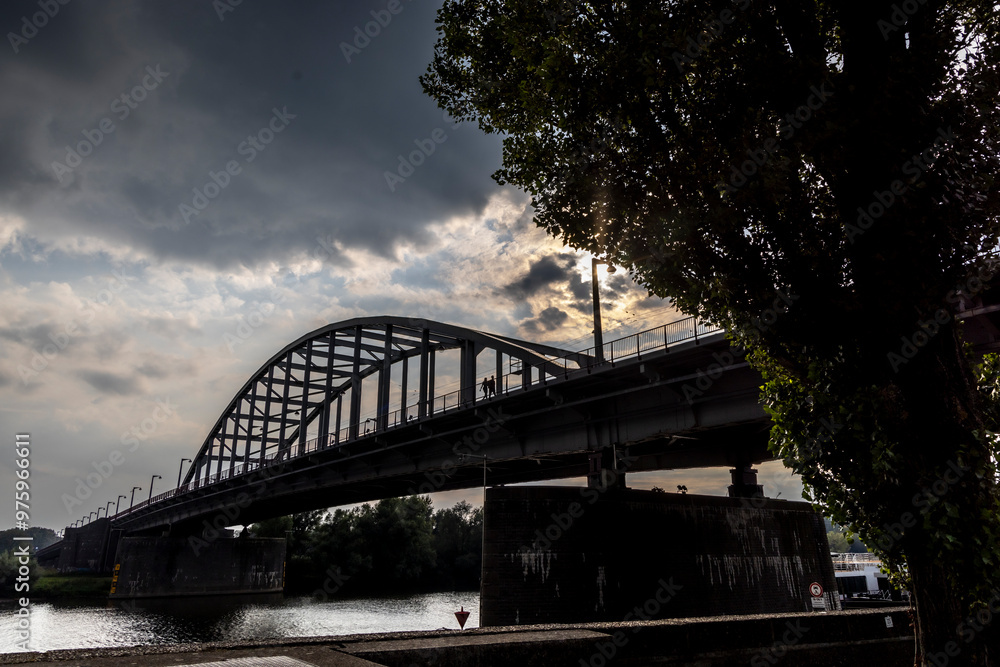 Silhouette of John Frost Bridge (John Frostbrug in Dutch). It is the road bridge over the Lower Rhine at Arnhem