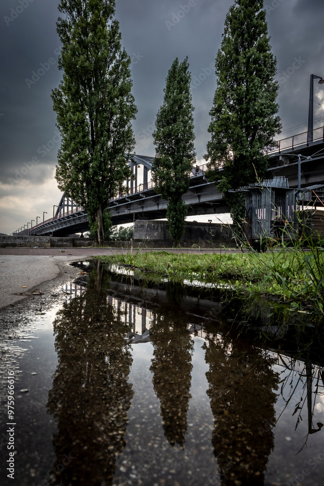 Silhouette of John Frost Bridge (John Frostbrug in Dutch). It is the road bridge over the Lower Rhine at Arnhem