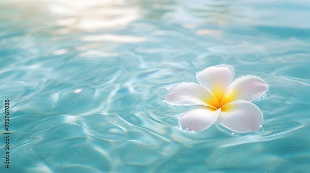 Floating Plumeria Flower in Tranquil Turquoise Water with Soft Focus and Pastel Tones Floating Plumeria Flower in Tranquil Turquoise Water with Soft Focus and Pastel Tones