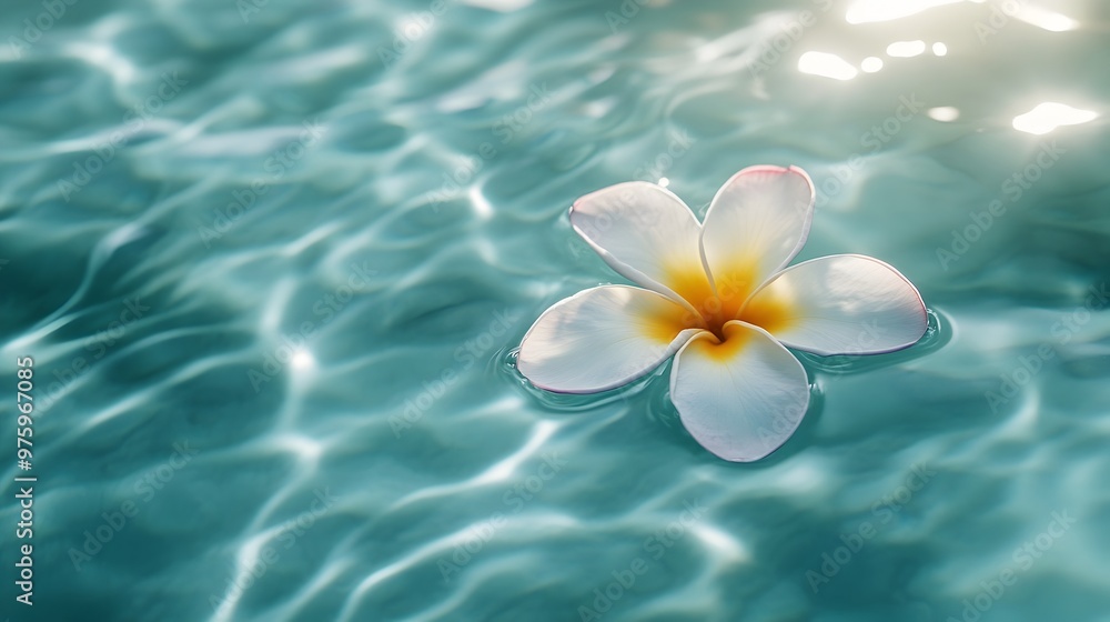 White Plumeria Flower Floating on Serene Turquoise Water with Rippling Reflection White Plumeria Flower Floating on Serene Turquoise Water with Rippling Reflection