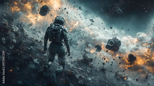 Astronaut Soldier in Explosive Cosmic Warfare Amid Galactic Turmoil