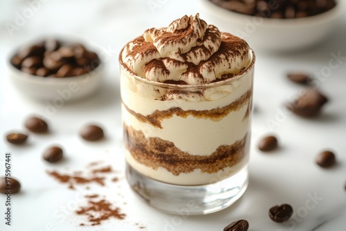 Classic Tiramisu in Glass with Cocoa and Coffee Beans