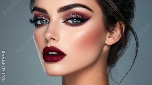 Wallpaper Mural A woman with a striking evening makeup look, featuring deep burgundy lipstick, glittering eyeshadow, and defined brows, perfect for a night out or special occasion Torontodigital.ca