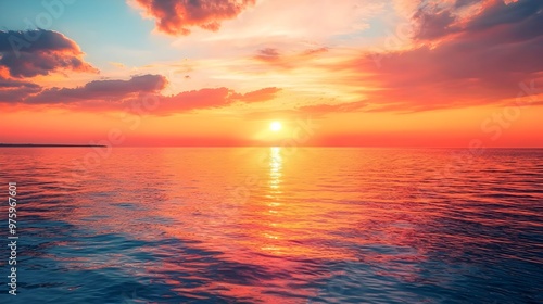 Breathtaking Sunset Over Tranquil Ocean with Vibrant Color Reflections