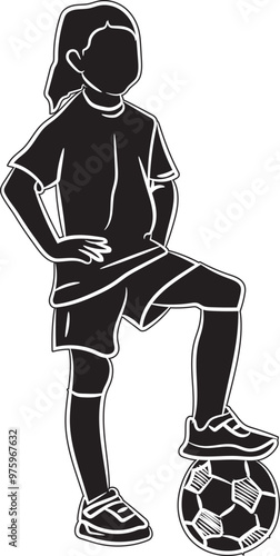 The silhouette of a girl practising football, a sporty and active child