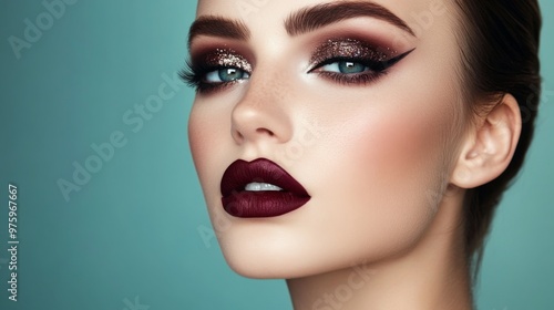 A woman with a striking evening makeup look, featuring deep burgundy lipstick, glittering eyeshadow, and defined brows, perfect for a night out or special occasion