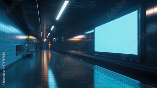 Darkened Subway Station With Illuminated Signs and Reflections During Late Night Hours photo