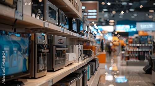Microwaves and other appliances on shelves in a store
