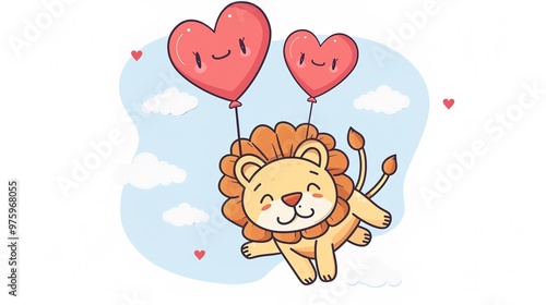 A whimsical illustration of a cute lion flying with heart-shaped balloons, exuding joy and playfulness. This charming icon captures the spirit of adventure and love, perfect for children's content, 