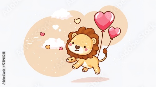 A whimsical illustration of a cute lion flying with heart-shaped balloons, exuding joy and playfulness. This charming icon captures the spirit of adventure and love, perfect for children's content, 