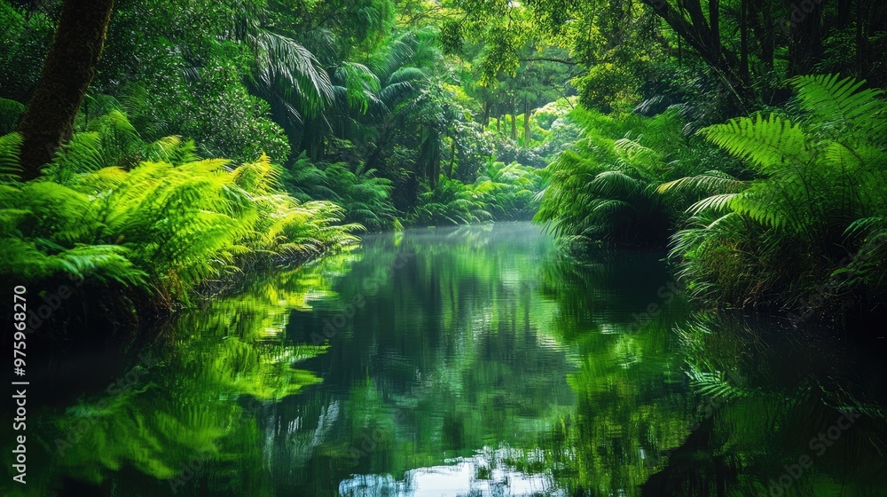 Obraz premium Serene water surrounded by lush greenery, with gentle reflections creating a calming and picturesque natural setting.