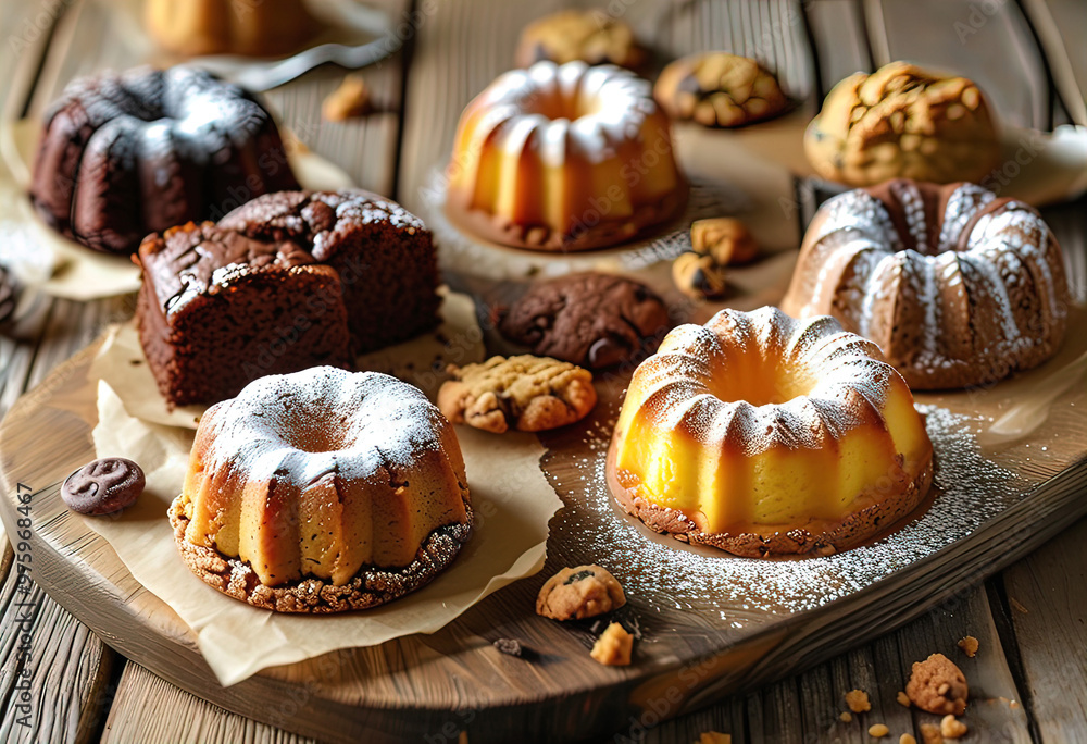 Delicious pumpkin and lemon filled cake, laced with rich chocolate and dusted with powdered sugar, freshly baked and stacked on a wooden table Delicious pumpkin and lemon filled cake, laced with rich chocolate and dusted with powdered sugar, freshly baked and stacked on a wooden table