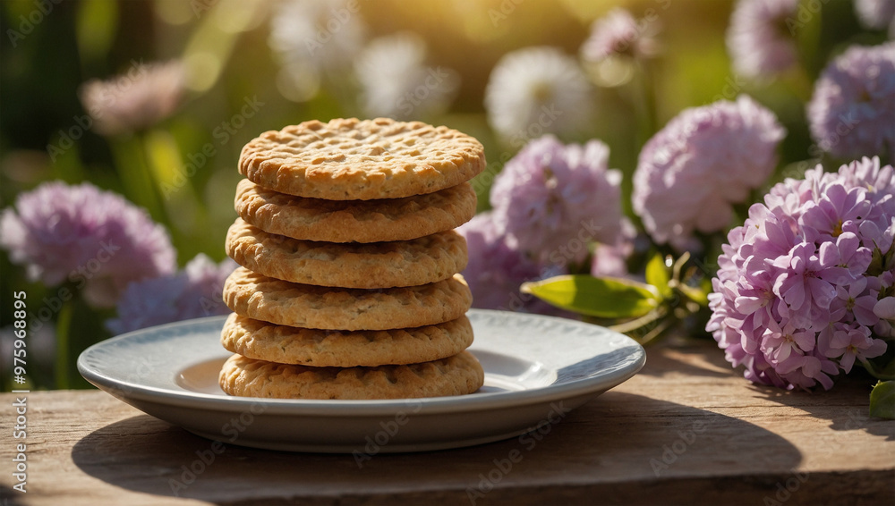 Crunchy biscuits stacked on a small plate, surrounded by blooming flowers in a sunlit garden. Crunchy biscuits stacked on a small plate, surrounded by blooming flowers in a sunlit garden.