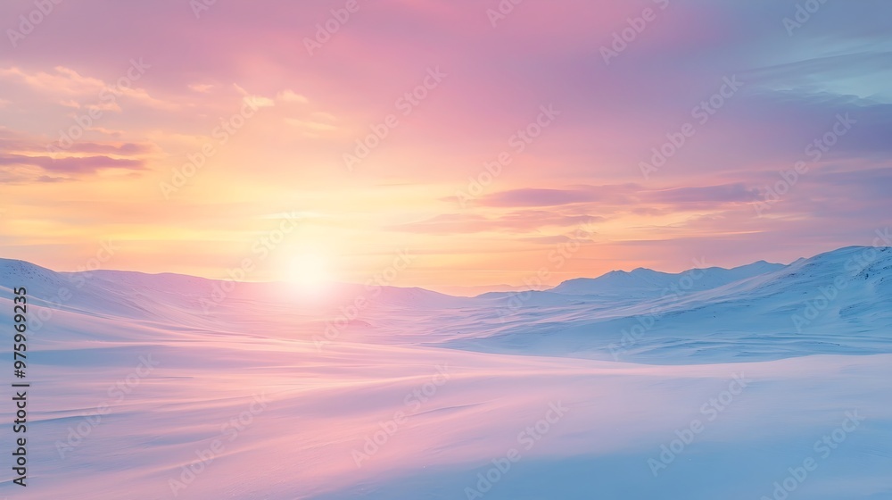 Glowing Pastel Sunset Over Snowy Mountainous Landscape with Ample Copy Space Glowing Pastel Sunset Over Snowy Mountainous Landscape with Ample Copy Space