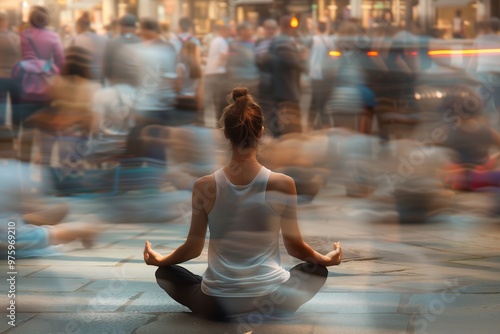 Woman meditating in yoga lotus pose as motion-blurred crowd rushes by in different directions, symbolizing calm amidst the hustle and bustle.