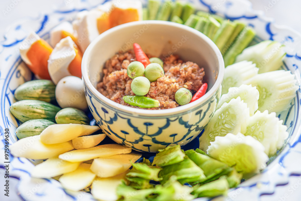 Thai cuisine features Nam Phrik Kapi. It is a type of chili paste made with chili peppers, other spices, served with a variety of fresh vegetables such as cucumber, small eggplant, long beans,etc. Thai cuisine features Nam Phrik Kapi. It is a type of chili paste made with chili peppers, other spices, served with a variety of fresh vegetables such as cucumber, small eggplant, long beans,etc.