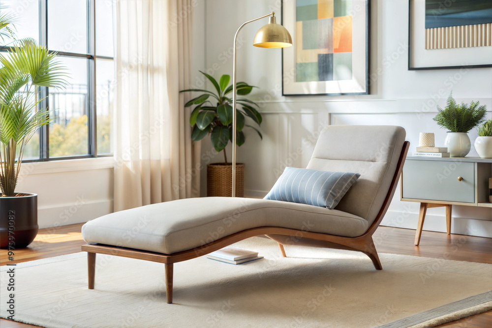 Elegant Chaise Lounge in a Bright Living Room, Featuring Soft Textiles, Modern Decor, and Natural Light for a Cozy Atmosphere Elegant Chaise Lounge in a Bright Living Room, Featuring Soft Textiles, Modern Decor, and Natural Light for a Cozy Atmosphere