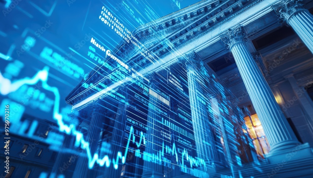 A futuristic view of a financial district with data streams, illustrating the intersection of technology and finance. A futuristic view of a financial district with data streams, illustrating the intersection of technology and finance.