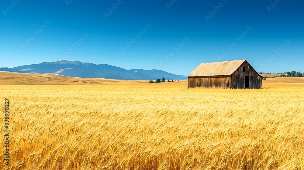Picturesque golden wheat field with rustic barn and distant mountains under blue sky Picturesque golden wheat field with rustic barn and distant mountains under blue sky