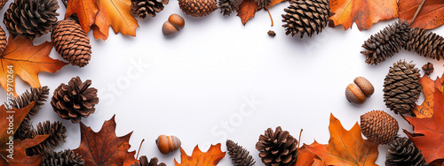 Fall themed background with leaves, pine cones, and acorns with copy space made white paper