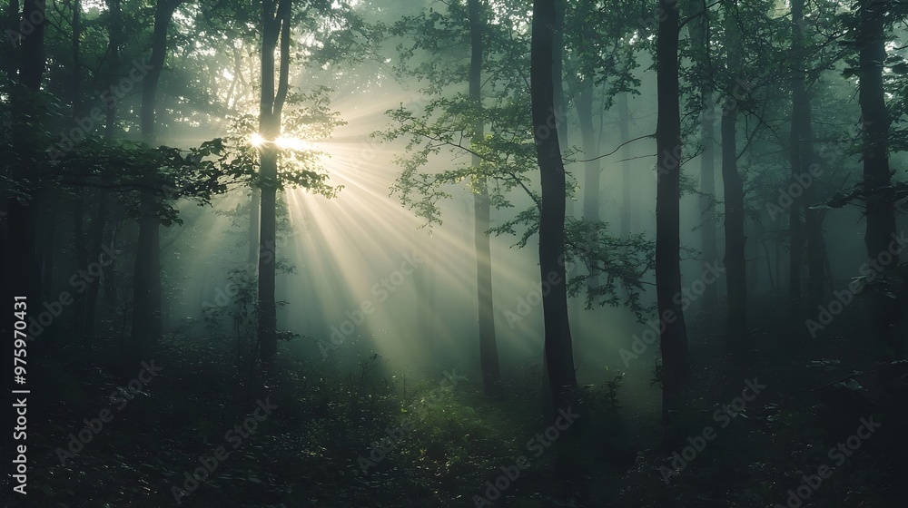Obraz premium Misty Forest Dawn Landscape with Enchanting Sunlight Rays