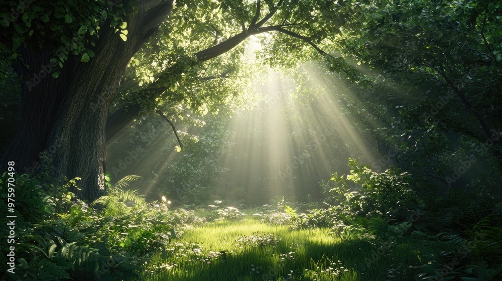 Obraz premium Soft sunlight pours through the leaves of lush trees, casting a peaceful glow over the serene forest.