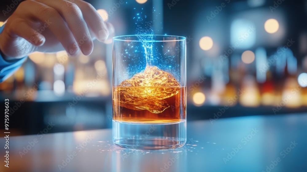 Whiskey bottle suspended in air with holographic pour, ultra-modern bar, neon light accents Whiskey bottle suspended in air with holographic pour, ultra-modern bar, neon light accents