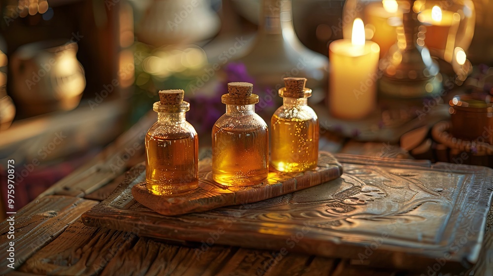 Three Glass Bottles Filled with Golden Liquid on a Wooden Surface Three Glass Bottles Filled with Golden Liquid on a Wooden Surface