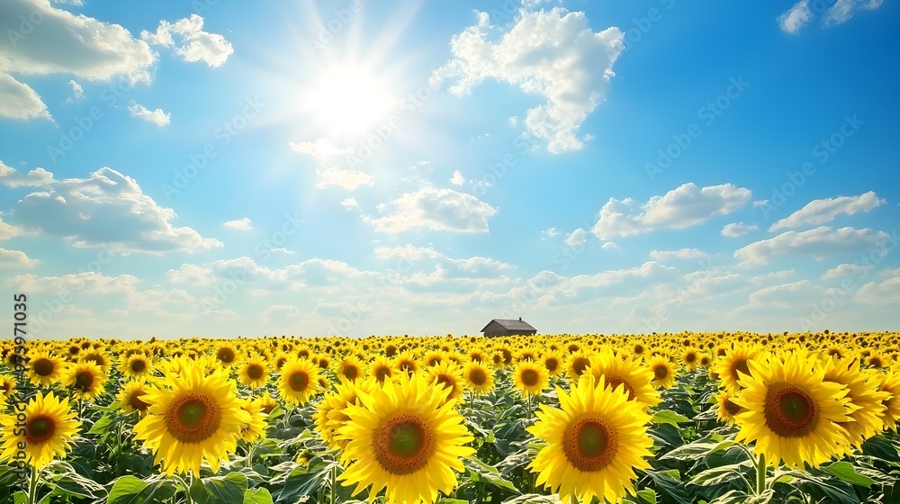 Sunflower Field Under Bright Summer Sky with Distant Farmhouse Sunflower Field Under Bright Summer Sky with Distant Farmhouse