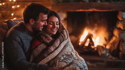 A couple sitting by a fireplace, wrapped in a blanket