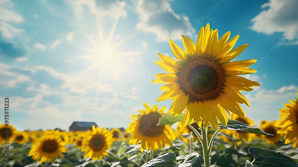 Serene Sunflower Field Under Bright Summer Sky with Distant Farmhouse Serene Sunflower Field Under Bright Summer Sky with Distant Farmhouse