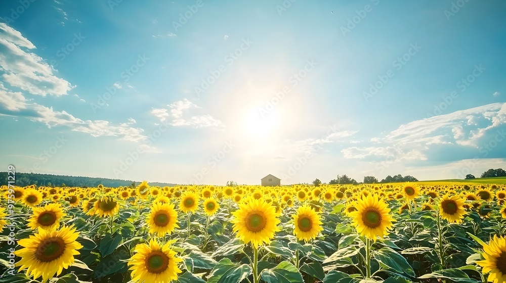 Fototapeta premium Vibrant Sunflower Field Under Bright Summer Sky with Distant Farmhouse