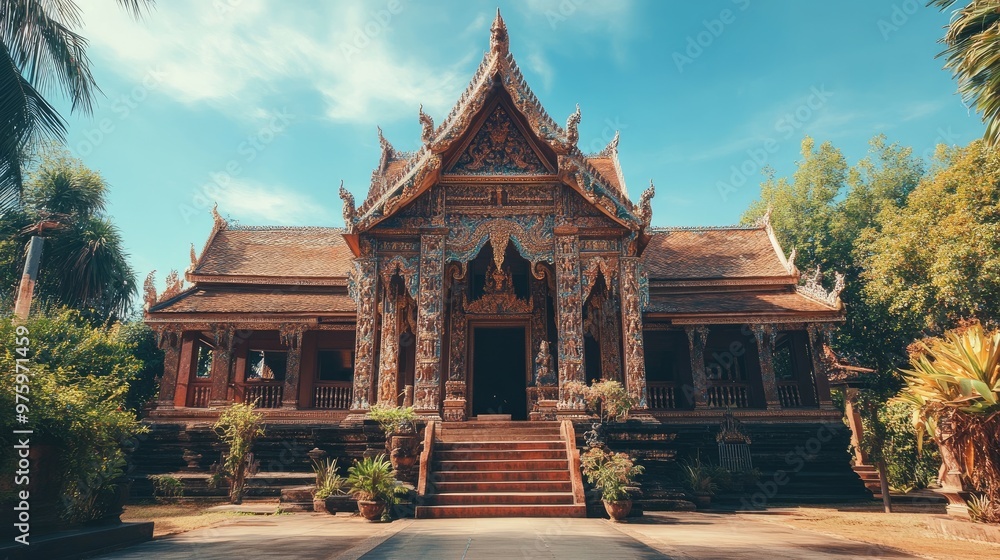 A traditional Thai temple with intricate carvings A traditional Thai temple with intricate carvings